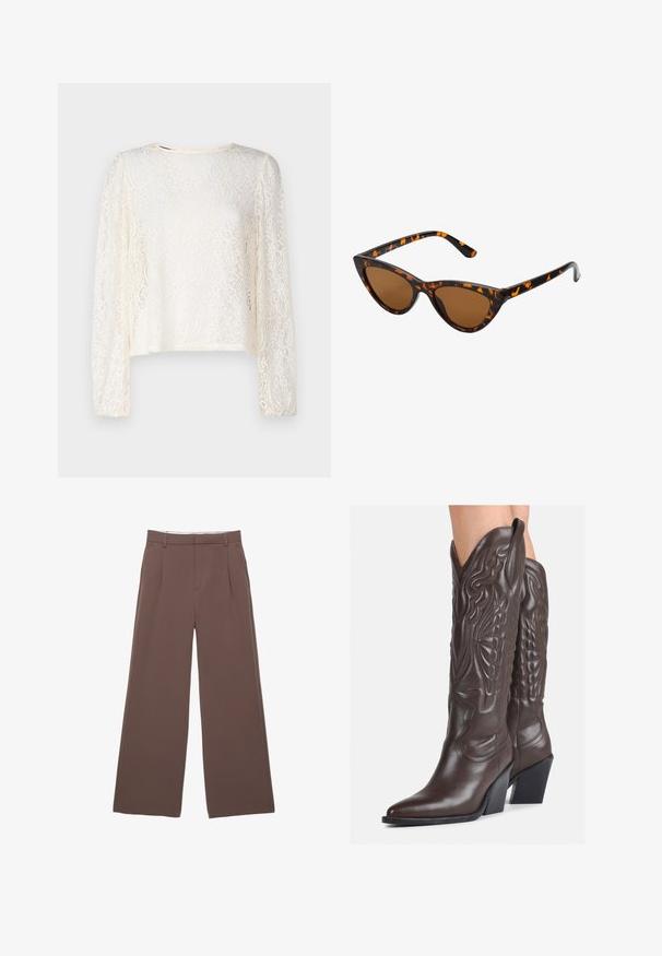 Top in pizzo a maniche lunghe di colore bianco sporco con scollatura rotonda. Caratterizzato da intricati motivi floreali e una vestibilità ampia con orli delle maniche arricciati.; Pantaloni a gamba larga in tessuto marrone uniforme, con una trama liscia, pieghe frontali e una vita su misura. Senza loghi o motivi visibili.; Stivali da cowboy in pelle marrone con punta affusolata e tacco a blocco, caratterizzati da dettagliati ricami e accenti rialzati sul gambale.; Occhiali da sole cat-eye con una montatura tartarugata nera e arancione, lenti marroni e punte affusolate e eleganti. Presentano un logo minimale sulla asta.; Piccola borsa a tracolla crema con finitura testurizzata, una lunga tracolla regolabile, un accento a catena e chiusura a patta. Dettagli in hardware dorato.; Orecchini a cerchio in oro con una finitura liscia e lucida. Design circolare con un piccolo perno e una chiusura trasparente per un indosso sicuro.