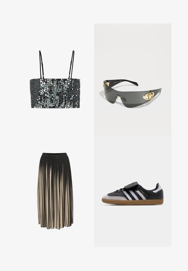 Mango Blus - grey; Avklippt svart t-shirt i bomull, med avslappnad passform, korta ärmar och ribbad rundhals. Inga synliga mönster eller detaljer.; Plisserad midikjol i svart och beige med hög elastisk midja, som har vertikala ränder och en flödande design för rörelse.; Svart läder och gråmocka sneakers med vita ränder, gummisula, snörning framtill och kardborreband. Har "Samba"-logotyp i guld.; Mörkgrå solglasögon med en elegant, böjd design. Har guldtonade lejonaccenter på sidorna och en glänsande svart ram.