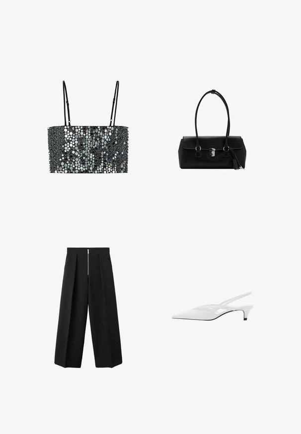 Mango Blouse - grey; Black wide-leg trousers with front pleats and a visible silver zipper closure at the waist, flat front, and side pockets.; White slingback heel with pointed toe, featuring a smooth upper, subtle cutouts, and a low block heel. Black sole accentuates design.; Black leather handbag with a smooth texture, structured design, dual handles, and a silver clasp detail at the center.