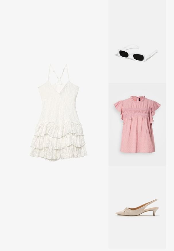 Roza bombažna srajca s kratkimi nabranimi rokavi, visokim ovratnikom in teksturiranimi detajli. Ima nabiranje in čipkaste poudarke po prsih.; Bela brezrokavna čipkasta obleka z V-izrezom, nastavljivimi tankimi naramnicami in podrobnostmi v obliki plastene krila.; Beige lakasta usnjena petna obuvala s koničastim prstom in dekorativno pentljo na zgornjem delu. Imajo nizko, vitko peto in gladko teksturo.; Bele sončne očala pravokotne oblike v bele barve z črnimi lečami, ki imajo mat površino in gladko teksturo. Nastavljivi ročaji so elegantni in nekoliko ukrivljeni.; Bela usnjena torbica z ukrivljeno obliko, nastavljivim pasom in zgornjim zadrgo zapiranjem. Gladka tekstura z minimalnimi kovinskimi detajli.