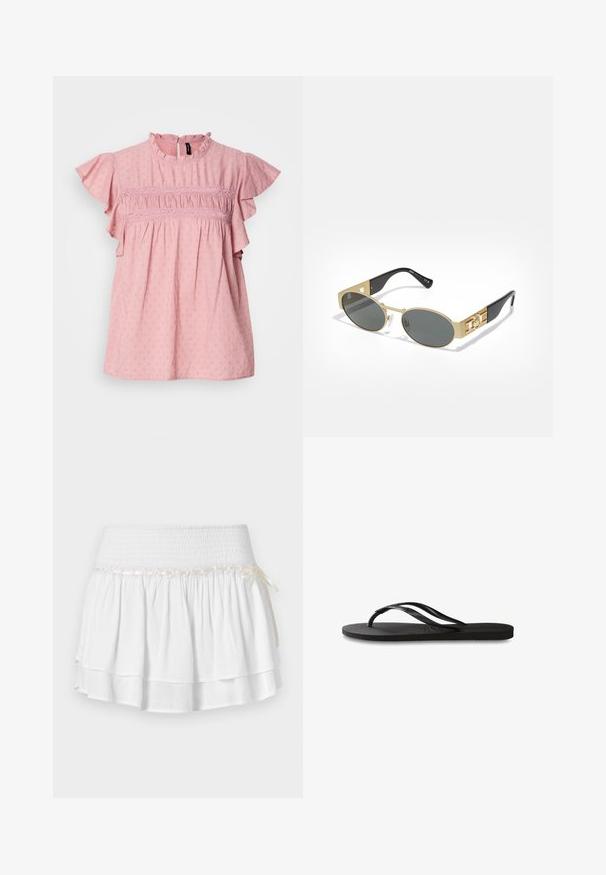 Roosa puuvillane pluus lühikeste volangkäistega, kõrge kaelusega ja tekstuursete detailidega. Rinnaosa kaunistab kogumine ja pitsaktsendid.; Valge kihiline seelik elastse vöökoht, millel on tekstureeritud smocking detail ja dekoratiivne paela aktsent. Puuvillane kangas.; Mustad mustes suss, millel on tekstureeritud kummist põhi, kaks peenikest rihma ja tagasihoidlik, reljeefne logo detail rihmal.; Ovaalsed prillid kuldse metallraami ja hallide läätsedega. Omavad musti atsetaatkandeid kuldsete aktsentidega ja logo detailiga külgedel.