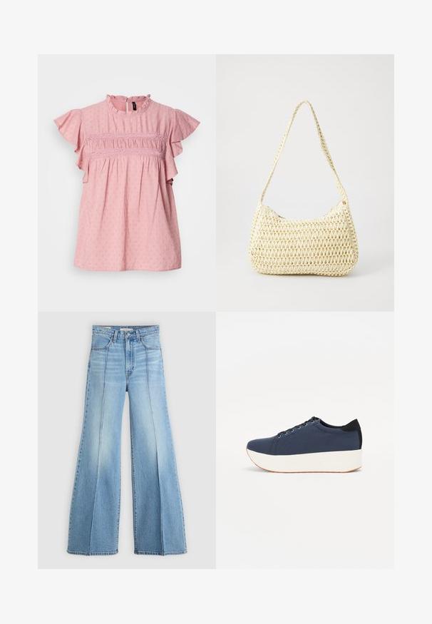 Rózsaszín pamut blúz rövid, fodros ujjakkal, magas nyakkal és textúrázott részletekkel. A melleknél ráncolások és csipke díszítések találhatók.; Világoskék, magas derekú farmernadrág széles lábakkal, elülső és hátsó zsebekkel, övbújtatókkal, és függőleges varráselemekkel az elején.; Sötétkék sportcipő, texturált szövet felsőrész, fehér platform talp, lekerekített orr és fekete sarok akcentussal. Hat fűzőlyuk található rajta.; Szőtt bézs válltáska ívelt formával és hosszú, fonott pánttal. Texturált felülettel rendelkezik, és oldalt cipzáras záródása van.