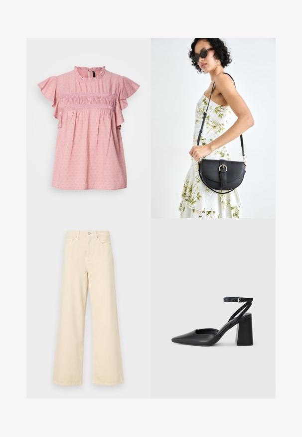 Pink cotton blouse with short ruffled sleeves, a high neckline, and textured detailing. Features gathering and lace accents across the chest.; Beige wide-leg jeans made of cotton. Features a button closure, belt loops, and front pockets with a smooth, soft texture.; Black leather pointy-toe pump with an ankle strap and a chunky heel. Flat texture, sleek design, and minimalistic aesthetics.; Black leather handbag with a curved shape, detachable strap, and gold hardware. The bag features a flap with a buckle detail.