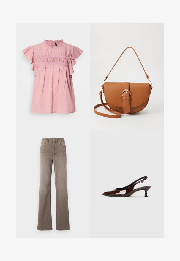 Ružičasta pamučna bluzica s kratkim volanima, visokim izrezom i teksturiranim detaljima. Ima nabore i čipkaste akcentne detalje preko prsnog dijela.; Smeđe traperice visokog struka ravnog kroja s prednjim gumbom, petljama za pojas i klasičnim dizajnom od pet džepova na bijeloj pozadini.; Smeđe patentne kožne cipele s otvorenom petom, špicastim vrhom i umjerenom petom. Imaju remen s kopčom za sigurno pristajanje. Glatka tekstura.; Smeđa kožna torba preko tijela s zakrivljenim oblikom, zlatnim metalnim detaljima i naglaskom na kopču. Ima odvojivu naramenicu.