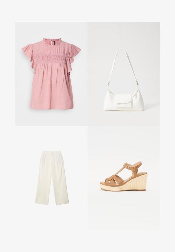 Rosa Baumwollbluse mit kurzen Rüschensäumen, hohem Hals und strukturierten Details. Verfügt über Raffung und Spitzenakzente über der Brust.; Helle Stoffhose mit weitem Bein und glatter Textur, ausgestattet mit einem einzelnen Knopf vorne, dezenten Falten und einem Hochbund-Design.; Braune Keil-Sandalen mit einem Kreuzriemen-Design, verstellbarem Knöchelriemen und einer strukturierten, gewebten Espadrille-ähnlichen Keilsohle.; Weiße synthetische Handtasche in dreieckiger Form, flache Vorderklappe und Schleifendetail, verstellbarer Trageriemen, glatte Textur und minimalistisches Design.
