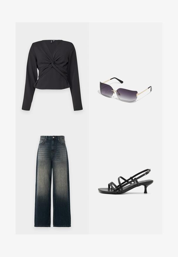 Černý top s dlouhými rukávy a detailním uzlem vpředu, přiléhavý střih a hladká textura. Zkrácená délka s V- výstřihem.; ONLY ONLBECKI BODYTOP - Top s dlouhým rukávem - black; Kraťasy s širokými nohavicemi z tmavého denimu, se zesvětlenou gradientní barvou od tmavé po světlejší, pěti kapsami a kontrastním švem.; Černé sandály na podpatku s několika křížovými pásky. Hladký materiál, špičatá špička a úzký podpatek. Nastavitelný pásek kolem kotníku s přezkou.; Sluneční brýle s šedým gradientním sklem, zlatým kovovým rámem a černými plastovými akcenty. Unikátní čočky ve tvaru motýla s tenkými nožičkami.; Zlaté kruhové náušnice s hladkým, lesklým povrchem. Kruhový design s malým kolíčkem a průhledným záznamem pro bezpečné nošení.