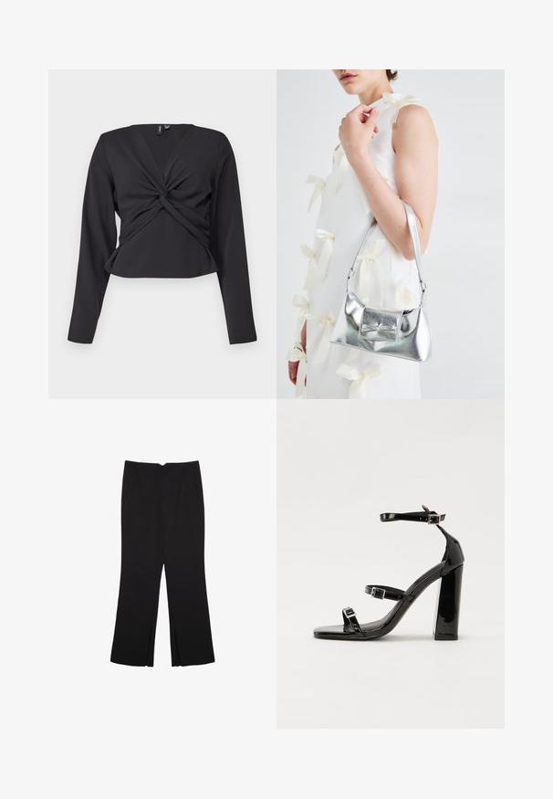 Čierny dlhý rukáv top s detailom v tvare twistu, priliehavý strih a hladká textúra. Skrátená dĺžka s výstrihom do V.; Čierne nohavice so strihom rovného strihu, s prednými vreckami a bočnými rozparkami na leme. Vyrobené z mäkkej, hladkej tkaniny. Vhodné na rôzne príležitosti.; Čierne lakované sandále na podpätku so štvorcovou špičkou, navlečenými remienkami okolo členku a striebornými prackami. Disponujú masívnym blokovým podpätkom pre stabilitu.; Strieborná metalická kabelka so štruktúrovaným tvarom, ktorá má hornú rukoväť a mašľu na prednej strane. Hladká textúra, reflexný povrch.