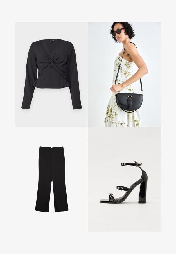 Čierny dlhý rukáv top s detailom v tvare twistu, priliehavý strih a hladká textúra. Skrátená dĺžka s výstrihom do V.; Čierne nohavice so strihom rovného strihu, s prednými vreckami a bočnými rozparkami na leme. Vyrobené z mäkkej, hladkej tkaniny. Vhodné na rôzne príležitosti.; Čierne lakované sandále na vysokom opätku s dvoma prackami, štvorcovou špičkou a hrubým blokovým opätkom, s hladkou, lesklou textúrou.; Čierna kožená kabelka s zaobleným tvarom, odnímateľným popruhom a zlatými doplnkami. Kabelka má klopu s detailom s prackou.