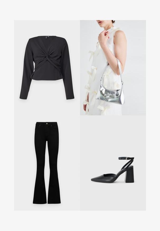 Top negru cu mânecă lungă, cu un detaliu în față răsucit, cu un design ajustat și textură netedă. Lungime cropped cu decolteu în V.; Jeans negri cu talie înaltă, cu închidere prin nasture și fermoar, buzunare frontale și picioare evazate, așezați pe un fundal alb.; Pantofii cu toc ascuțit din piele neagră, cu breteaua pentru glezne și toc gros. Textură netedă, design elegant și estetică minimală.; Geantă metalică argintie cu o formă structurată, având un mâner superior și un detaliu sub formă de fundă pe față. Textură netedă, finisaj reflexiv.