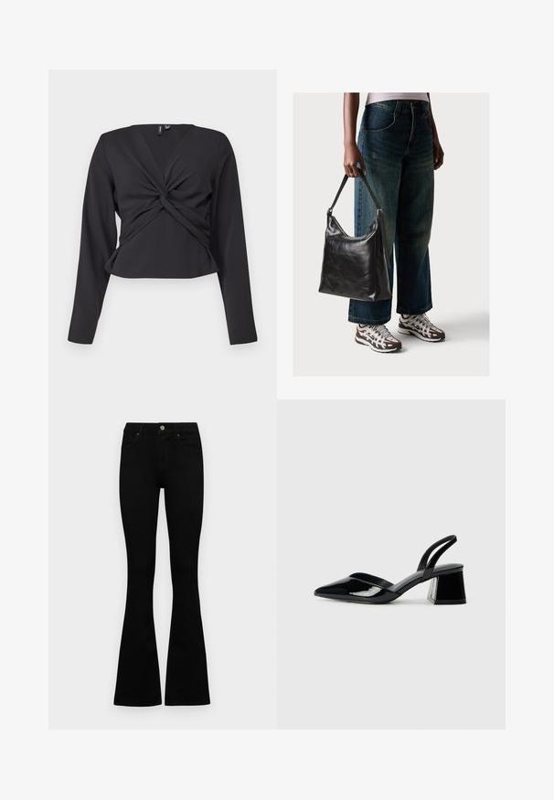 Musta pitkähihainen paita, jossa on kierretty etuosa, vartalonmyötäinen malli ja sileä pinta. Lyhennetty pituus ja V-kaula-aukko.; Mustat korkeavyötäröiset farkut nappi- ja vetskariyläosalla, etutaskuilla ja levenevillä lahkeilla, asetettuna tasaisesti valkoista taustaa vasten.; Mustat patentoitu nahkakengät, joissa on säären takaosa ja terävä kärki, sekä geometrinen palikkakorko. Sisältää tyylikkään, minimalistisen muotoilun ja sileän pinnan.; Musta nahkainen olkalaukku, jossa on sileä pinta ja säädettävä hihna, yhdistettynä haalistuneisiin leveälahkeisiin farkkuihin ja urheilukenkien kanssa.