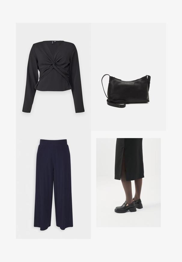 Črna majica z dolgimi rokavi z detajlom zvitega sprednjega dela, prilegajoča zasnova in gladka tekstura. Skrajšana dolžina z V-izrezom.; Široke hlače iz temno modrega blaga z rebrasto teksturo. Imajo gladek pas in tekoč silhueto, ki seže do sredine tele.; Črne usnjene čevlje s zaobljenim prstom, debelim blokastim petama in elastičnimi stranskimi detajli, v kombinaciji s temno nogavicami in črno krilo z razporkom.; Črna usnjena torba čez ramo z gladko teksturo, ukrivljeno obliko, nastavljivim trakom in zadrgo. Minimalističen dizajn brez okrasnih detajlov.