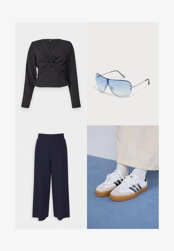 Juodas ilgomis rankovėmis topas su suktais priekiniais detalėmis, pritaikyta forma ir lygiu paviršiumi. Trumpas ilgis su V formos iškirpte.; Plati kojinės tamsiai mėlynos spalvos audiniu su vagelėmis. Turi lygų juosmenį ir laisvą siluetą, kuris siekia iki pusės blauzdos.; Baltos sportbačiai su noir juostomis ir šviesiai rudos zomšos akcentais. Yra tekstūruota gumos padas ir plokščiomis baltomis raištelėmis, dėvimi su šviesiai spalvotomis kojinėmis.; Aviatoriai akiniai su gradientiniais mėlynais objektyvais, sidabriniu metaliniu rėmu ir dekoratyvinėmis žvaigždžių akcentais ant objektyvų. Lygaus ir stilingo dizaino.