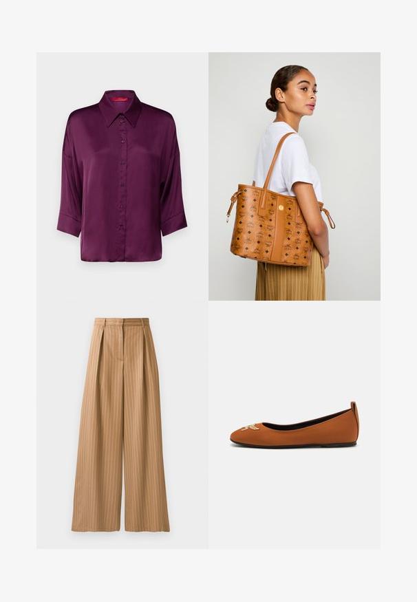 MAX&Co. BEMBO fioletowy; Biała bawełniana koszulka z małym czarnym logo z skrzydłami i napisem "MCM" na przedniej części. Krótkie rękawy i klasyczny dekolt.; Spodnie szerokie w kolorze jasnobrązowym z pionowymi białymi paskami. Posiadają plisy w pasie oraz gładką strukturę.; Brązowe baleriny z gładkiego materiału, zakończone okrągłym noskiem, z ozdobnym haftem na czubku i niskim obcasem.; Kobieta w białej koszuli i pasiastych spodniach niesie na ramieniu beżową skórzaną torbę tote z czarnymi logo, stojąc bokiem.