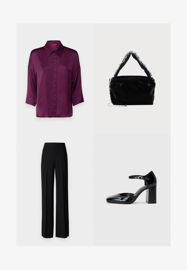 MAX&Co. BEMBO - Bluza s gumbima - purple; Crne široke hlače s glatkom teksturom, s visokim strukom i središnjim pregibima. Nema vidljivih uzoraka ili hardverskih detalja.; Crne lakirane cipele s visokom potpeticom, kvadratnim vrhom, kaišem oko gležnja i debelim potpeticama. Sadrže perforirane detalje uz rub.; Crna torbica od umjetne kože s teksturiranim završetkom, koja sadrži perlicu srebrnu detalj duž gornje ručke i lančanu naramenicu.