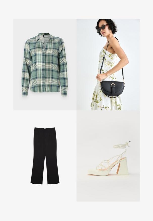 Zeleno-modrá károvaná košeľa s dlhými rukávmi, zapínanie na gombíky, s golierom, so svetlým kockovaným vzorom a jemnou textúrou látky.; Čierne nohavice so strihom rovného strihu, s prednými vreckami a bočnými rozparkami na leme. Vyrobené z mäkkej, hladkej tkaniny. Vhodné na rôzne príležitosti.; Biele sandále na vysokom opätku s hrubým podpätkom, s pruhovaným dizajnom a viazaním na členku. Hladký povrch s platformou vpredu pre zvýšenú výšku.; Čierna kožená kabelka s zaobleným tvarom, odnímateľným popruhom a zlatými doplnkami. Kabelka má klopu s detailom s prackou.