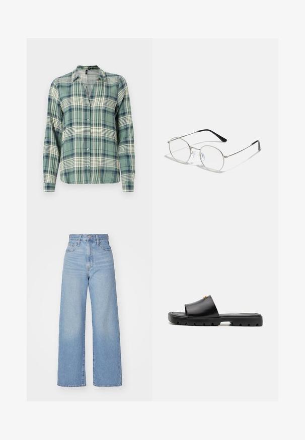 Grön och blå rutig skjorta med långa ärmar, knäppt front, krage, med ett lätt rutmönster och mjuk textur.; Ljusblå högmidjade vida jeans med knapp- och dragkedjestängning, fram- och bakfickor, mot en vit bakgrund.; Svarta mule-skor med en jämn, matt läderovandel och en tjock, texturerad gummisula. Märkbar guldfärgad detalj på ovandelen. Enkel, öppen design.; Runda metallglasögon med en smal silverram, klara linser och svarta skalmar med gummitips för komfort. Minimalistisk design.