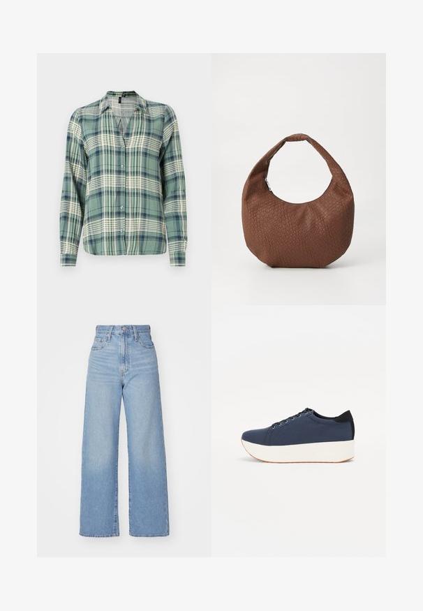 Camicia a quadri verde e blu con maniche lunghe, chiusura a bottoni, colletto, caratterizzata da un leggero motivo a scacchi e una morbida texture del tessuto.; Jeans a vita alta blu chiaro con gamba larga, chiusura frontale con bottone e zip, tasche anteriori e posteriori, su uno sfondo bianco.; Sneaker blu navy con tomaia in tessuto texturizzato, suola piatta bianca, punta arrotondata e accentuazione nera sul tallone. Presenta sei fori per i lacci.; Borsa a mano intrecciata marrone di forma arrotondata, con un manico singolo imbottito e una superficie testurizzata. Nessun hardware o accenti visibili.