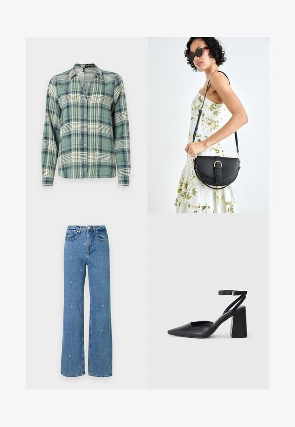 Zaļa un zila raibumaina krekls ar garām piedurknēm, pogājams priekšpuse, apkakle, ar gaismu šaha rakstu un mīkstu auduma tekstūru.; Zilas augstās vidukļa taisnās kājas džinsus ar maziem baltiem ziedu izšuvumiem, kas izkaisīti pa audumu.; Melna ādas augstpapēžu kurpe ar norakstīto purngala formu, potītes siksniņu un masīlu papēdi. Gluda tekstūra, elegants dizains un minimālisma estētika.; Melnas ādas rokassoma ar izliekta formu, noņemamu siksnu un zelta aksesuāriem. Somai ir vāciņš ar sprādzes detaļu.