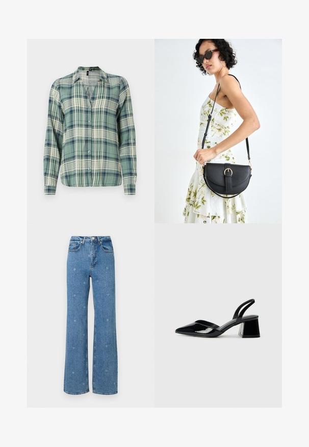 Cămașă în carouri verzi și albastre, cu mâneci lungi, închidere cu nasturi, guler, având un model tartan deschis și o textură de țesătură moale.; Jeans albastre cu talie înaltă și picioare drepte, decorate cu broderii florale albe mici dispersate pe material.; Pantofi cu toc slingback din piele lacuită neagră, cu vârf ascuțit și toc geometric. Prezintă un design elegant, minimalist și o textură netedă.; Geantă din piele neagră, cu o formă curbată, curea detașabilă și accesorii aurii. Geanta are un capac cu un detaliu tip cataramă.