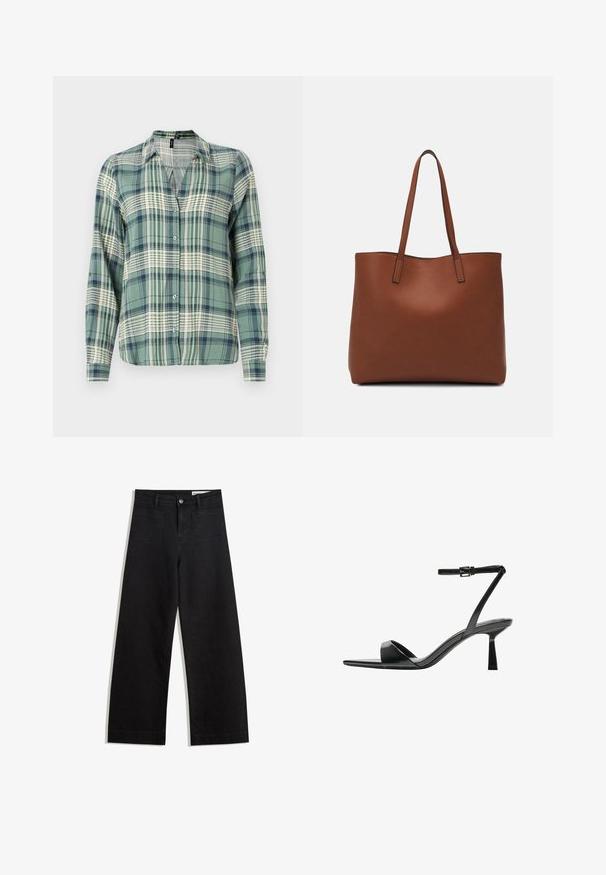 Green and blue plaid shirt with long sleeves, button-up front, collar, featuring a light checkered pattern and soft fabric texture.; Black wide-leg denim pants with a high waist, featuring front and back pockets, stitched seams, and a button closure. Smooth texture.; Bershka High heeled sandals - black; Brown leather tote bag with a smooth texture, open top design, and two shoulder straps. Features minimal stitching and no visible hardware.