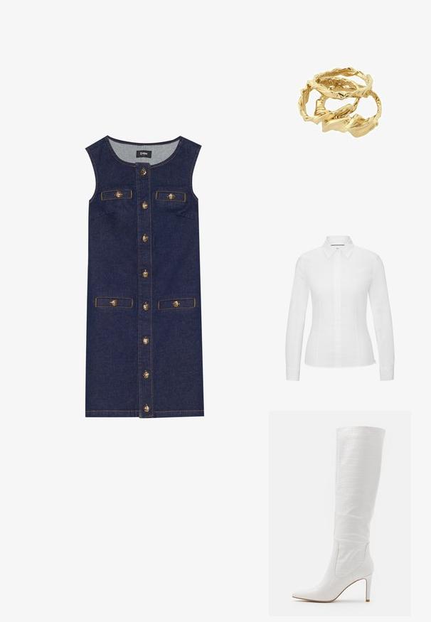 Hvid langærmet skjorte lavet af glat bomuld, med en klassisk spids krave, frontlukning med knapper og skræddersyet pasform med sideslidser.; Denim kjole med udenærmede design, marineblå farve, frontlukning med knapper og to lommer. Guldtonet knapdetaljer og skrå syninger.; RAID TRIBUTE - Højhælede støvler - white; Guldtonede snoede ringe stablet sammen, med et struktureret design og glatte, buede kanter, hvilket skaber et organiskt, flydende udseende.
