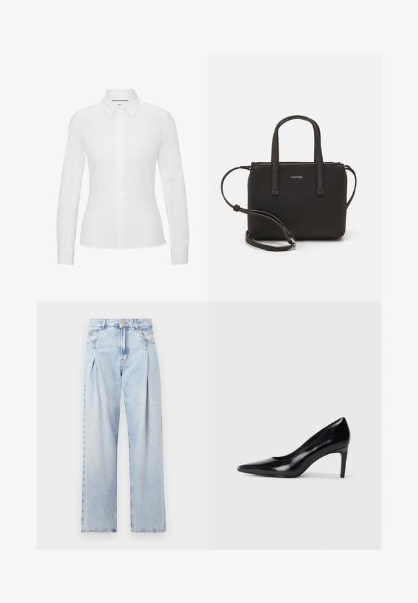 Bijela košulja dugih rukava napravljena od glatkog pamuka, koja ima klasični uspravni ovratnik, prednje dugmadi i kroj koji se prilagođava tijelu s bočnim prorezima.; Svijetloplavi traperice s visokim strukom, širokim krojem, dva bočna džepa i naboranim dizajnom. Mekana tekstura s izblijedjelim završetkom.; Crna kožna cipela na visokom potpeticu s špicastim prstom, glatke teksture i sužavajućom potpeticom. Minimalistički dizajn, bez dodatnih ukrasa.; Crna torba s dva kratka ručka i uklonjivom naramenicom. Glatki materijal nalik koži s zatvaračem na zatvaranje i detaljem s logom.