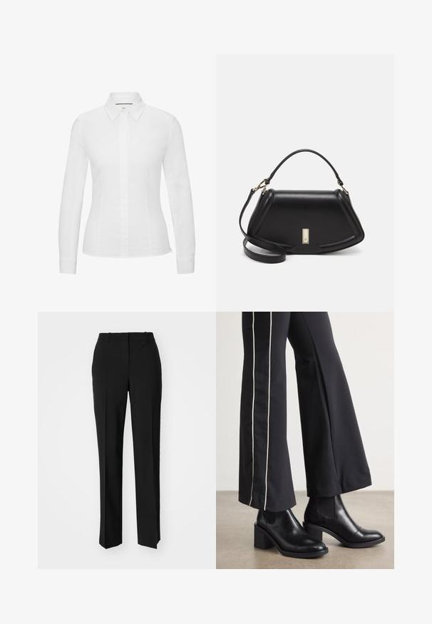 Valge pika varrukaga särg, mis on valmistatud siledast puuvillast, klassikalise terava krae, ees oleva nööbiga kinnituse ja külgedelt lõhikute ning kohandatud lõikega.; Mustad ja sirged püksid, millel on sile tekstuur ja teravad voldid esiosas. Ilma nähtavate detailideta.; Mustad nahast pahklu_bootid, millel on ploki konts ja elastsed külgpaneelid. Kombineeritud mustade pükstega, millel on valge küljeriba.; Must mustrist käekott, millel on struktureeritud disain, lühendatud kuju, ülemine käepide ja kuldne metallist detail. Reguleeritav õlalihm on kaasas.