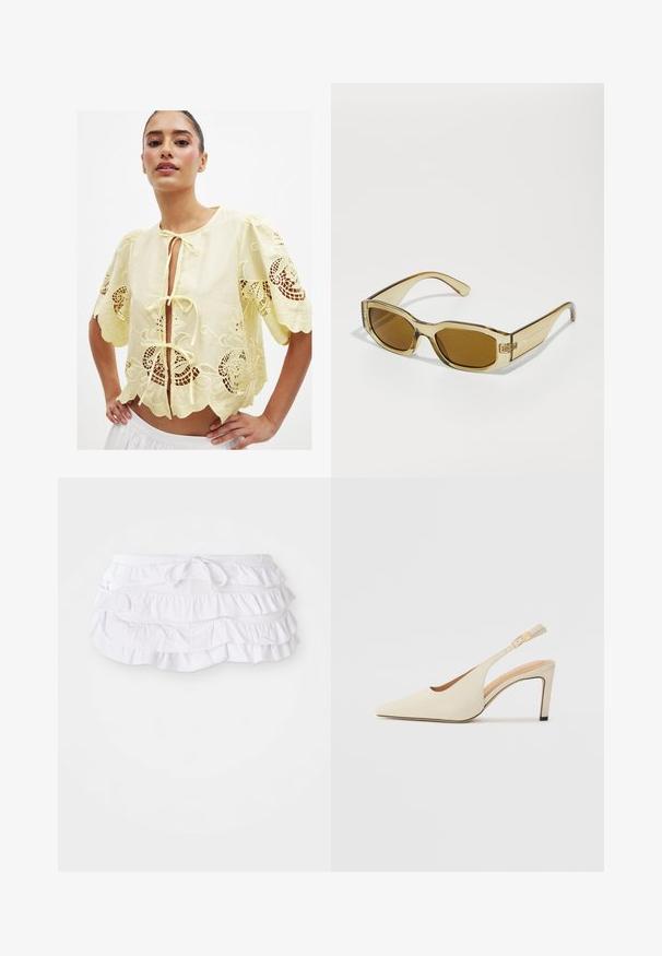 Gelbe bestickte Bluse mit kurzen Puffärmeln, einem Frontband, gewelltem Saum und offenen Spitzenverzierungen. Baumwollmaterial, leichtes Textil.; Weißer, geraffter Schwimmrock mit mehreren Lagen, ausgestattet mit einem verstellbaren Kordelzug. Weicher Stoff mit glatter Textur.; Beige Leder Slingback-Absätze mit einer spitzen Zehenpartie, offenem Seitendesign und einem schlanken hohen Absatz. Enthält einen goldenen Akzent am Riemen.; Transparente, bernsteinfarbene Sonnenbrille mit rechteckigen Gläsern, dicken Bügeln und glänzender Oberfläche, die ein dezentes Logo an der Seite aufweist.; Rosa Lederhandtasche mit gerafftem Oberteil, goldener Kettenriemen und Logodetail. Schulter getragen vor einem weißen Hintergrund.