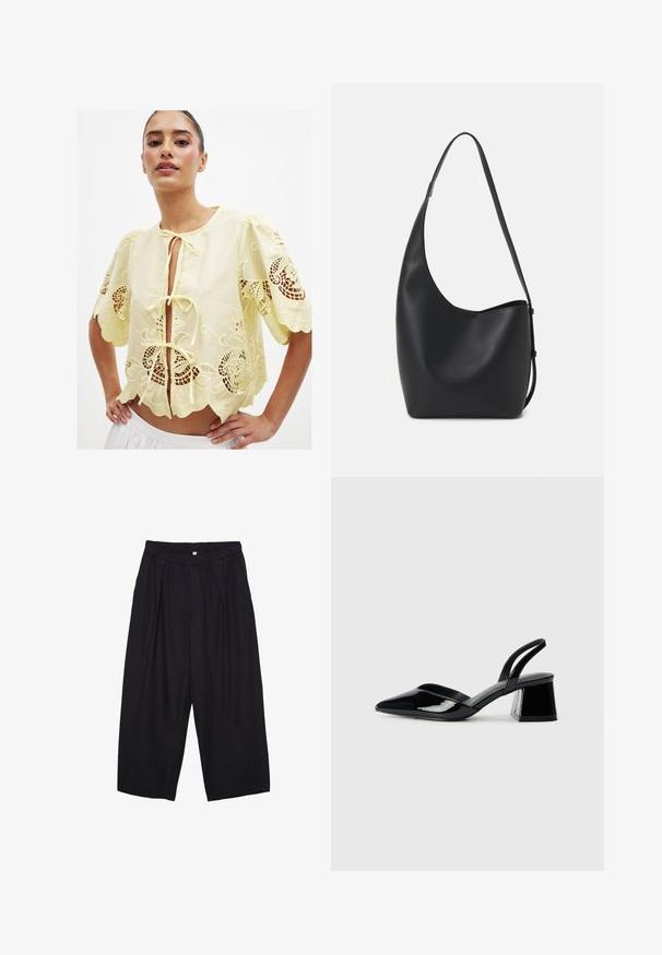 Żółta haftowana bluzka z krótkimi bufkami, wiązaniem z przodu, falbaniastym dołem i otwartymi koronkowymi detalami. Materiał bawełniany, lekka tekstura.; Czarne spodnie culotte z poliestru z elastycznym pasem, dwoma fałdami z przodu i luźnym krojem. Brak widocznych wzorów lub elementów metalowych.; Czarne lakierowane półbuty na obcasie z wydłużonym noskiem i geometrycznym słupkiem. Charakteryzują się eleganckim, minimalistycznym designem oraz gładką fakturą.; Czarna skórzana torba hobo o gładkiej fakturze, zaokrąglonym kształcie i pojedynczym, regulowanym pasku; posiada szerokie otwarcie na górze.