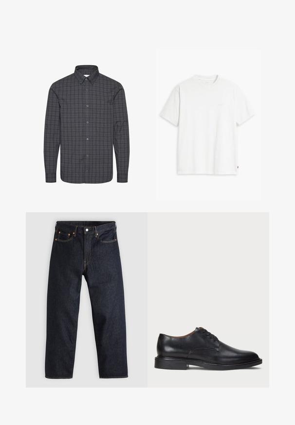 Camicia a maniche lunghe con bottoni in tessuto grigio scuro con un piccolo motivo a scacchi in grigio chiaro e bianco. Presenta un colletto classico e chiusura con bottoni.; T-shirt bianca in cotone con maniche corte, scollo rotondo e un sottile logo "Levi's" stampato in colore chiaro sul davanti.; Jeans in denim blu scuro con taglio dritto, cinque tasche, cuciture arancioni a contrasto e chiusura con bottone. Nessun motivo o decorazione visibile.; Scarpa da uomo in pelle nera con punta rotonda, design con lacci e tacco basso impilato. Texture liscia con dettagli di cucitura minimi.