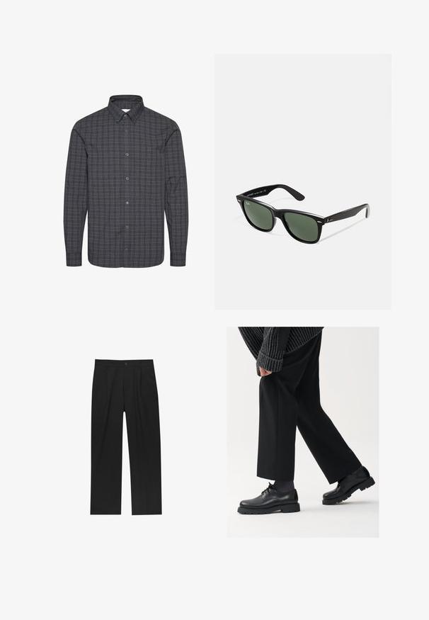 Langsleeve button-up shirt in donkergrijze stof met een klein ruitpatroon in lichtgrijs en wit. Bevat een klassieke kraag en knoopsluiting.; Zwarte broeken met een recht model, gemaakt van een gladde stof. Voorzien van een voorplooien en een enkele knoopsluiting bij de taille.; Zwarte leren schoenen met een afgeronde neus, vetersluiting en een dikke, getextureerde zool. Draagt een gepaste zwarte broek en een geribbelde trui.; Zwarte plastic zonnebril met groene lenzen, vierkante montuur, zilveren accent op de wenkbrauw en een gestructureerde tempel. Merken vermeld op de binnenkant van de arm.