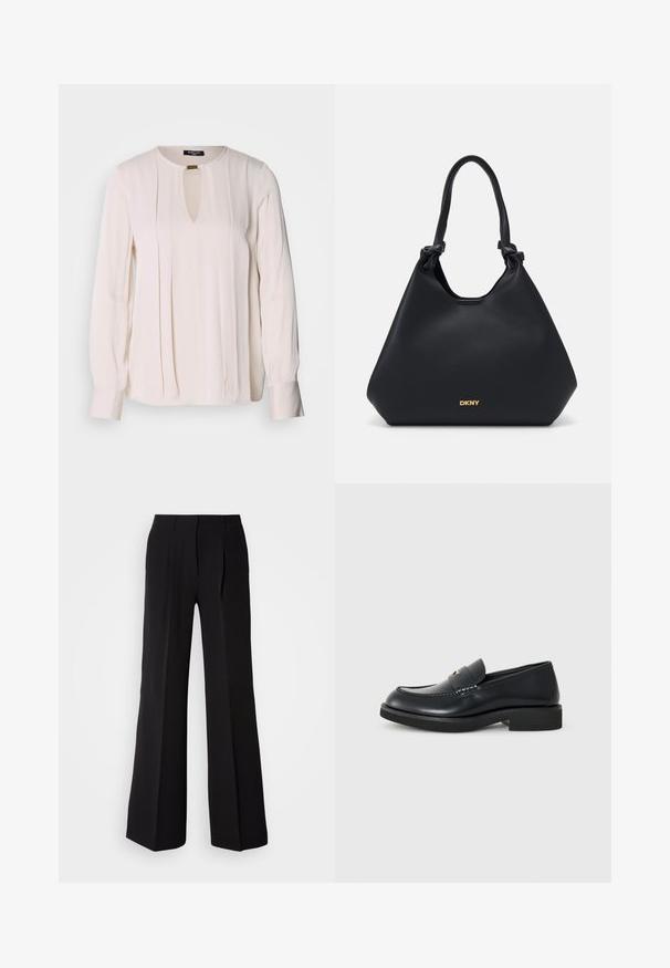 Ilga rankovė kreminės spalvos palaidinė su skylute prie kaklo, klostuota priekinė detalė ir sagomis užsifiksuojančios rankovės. Lygi, lengva medžiaga.; Juodos kelnės, pagamintos iš lygaus audinio, su aukštu juosmeniu, plačiomis kojomis ir dviem priekinėmis klostėmis, suteikiančiomis papildomą dizaino detalę.; Juodos odinės loafer tipo bateliai su apvalia nosimi, siuvinėtu dekoru ir plokščiu guminiai padu. Apatinėje dalyje yra dekoratyvi juosta.; Juodas odinis tote krepšys su tekstūruotu paviršiumi, mazguotais rankenų akcentais ir aukso logo detalėmis apačioje. Pasižymi laisvu siluetu.