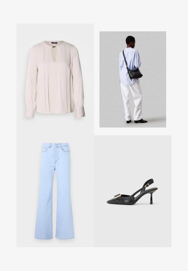 Krémová blúzka s dlhými rukávmi, s výstrihom v tvare kľúčovej dierky, s plisovanými detailmi na prednej strane a gombíkovými manžetami. Hladká, ľahká textúra látky.; Svetlomodré rozšírené džínsy s vysokým pásom, obsahujúce päť vreciek, zapínanie na gombík a hladkú denimovú textúru. Okraje sú precízne prešité.; Čierne kožené slingback topánky s špicatou špičkou, štíhlym podpätkom a akcentom zlatého tónu na priehlavku. Hladká textúra a štruktúrovaný dizajn.; Čierna kožená ramenná taška so mäkkou textúrou, trojuholníkovým tvarom a nastaviteľným popruhom, skombinovaná s svetlomodrou pruhovanou košeľou a bielymi nohavicami.