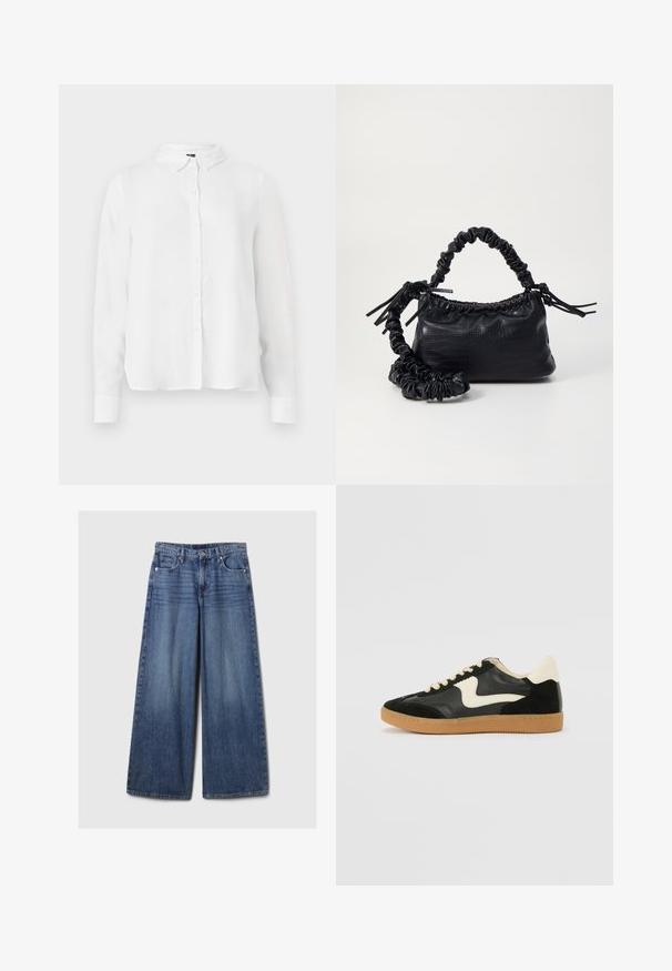 Camisa de manga larga blanca con un botón en la parte delantera, cuello clásico y tejido suave con un corte ligeramente holgado.; Jeans de mezclilla azul de pierna ancha con un acabado desgastado, que cuentan con un cierre de botón y cremallera, cinco bolsillos y cinturas.; Zapatillas de deporte de ante y cuero negro con un swoosh lateral en crema y un talón en crema claro. Presenta cordones beige y una suela de goma marrón.; Bolso de mano de imitación cuero negro con textura de cocodrilo, parte superior fruncida y correa arrugada. Presenta un diseño suave y compacto.