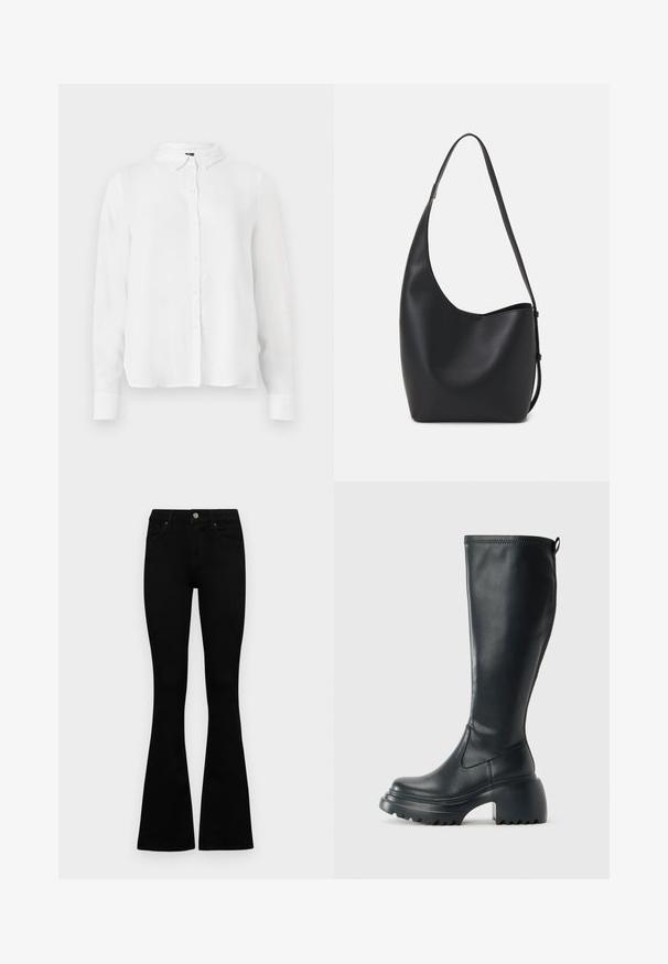 Garā piedurkņu balts krekls ar pogām priekšā, klasisku apkakli un gludu audumu, kas nedaudz brīvi pieguļ.; Melni augsta jostas šorti ar pogu un rāvējslēdzēju, priekšējām kabatām un izplestām kājām, nolikti uz balta fona.; Augstas melnas ādas zābakus ar masīvu platformu un bloka papēdi, ar vilkšanas cilpu un strukturētu profilu uz ārējā zoles.; Melnas ādas hobo soma ar gludu tekstūru, izliekta forma un vienu regulējamu jostu; augšā ir plaša atvere.