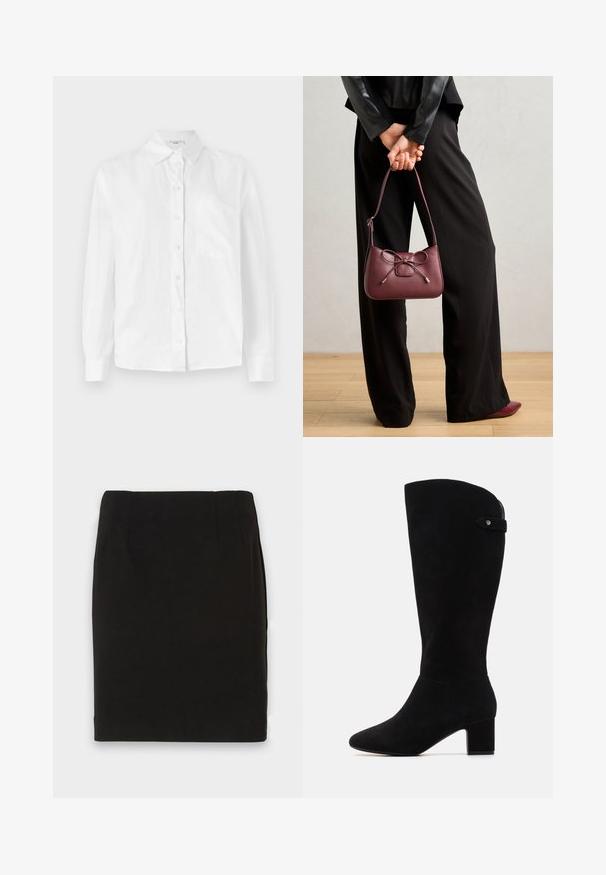 Camicia bianca a maniche lunghe con bottoni, realizzata in tessuto leggero, con colletto classico e una singola tasca applicata sul lato sinistro del petto.; Gonna a matita nera lunga fino al ginocchio con orlo dritto e dettagli di cucitura sottili in vita su uno sfondo bianco.; Stivali alti neri in suede con punta a punta e tacco a blocco. Presentano una texture liscia e un design semplice, con un accento di fascia laterale.; Borsa in pelle bordeaux con dettaglio a fiocco, dotata di una tracolla sottile e hardware dorato, tenuta da una persona che indossa pantaloni neri.