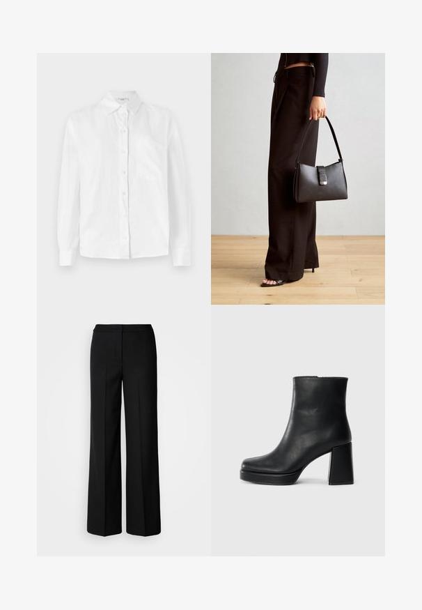White long-sleeve button-up shirt made of lightweight fabric, featuring a classic collar and a single patch pocket on the left chest.; Black wide-leg trousers with a smooth fabric, featuring a high waist, tailored seams, and a minimalist design. No visible hardware or pockets.; Black leather ankle boot with a block heel and platform sole, viewed from the side on a plain white background.; Black handbag with structured shape, smooth texture, and a metallic clasp. Paired with wide black pants and open-toe sandals on wooden floor.