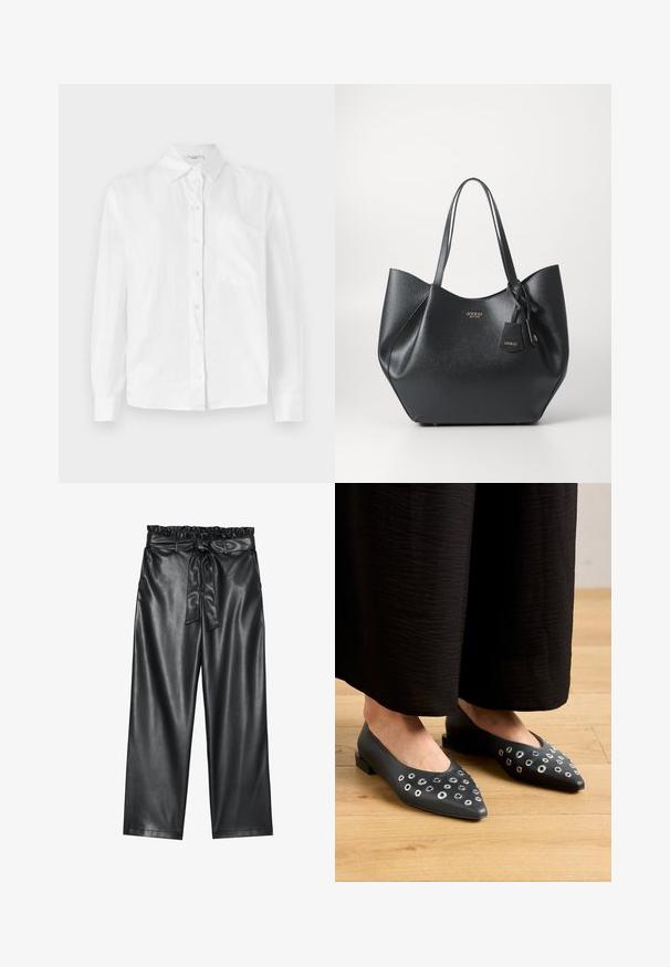 Valkoinen pitkähihaan nappipaitakosketin, joka on valmistettu kevyestä kankaasta, ja siinä on perinteinen kaulus sekä yksi rintatasku vasemmalla puolella.; Mustat tekonahkaleggingsit, joissa on joustava, röyhelöillä varustettu vyötärö ja irrotettava solmiovyö. Sileä pinta ja minimaalinen kiilto.; Mustat nahkakengät, joissa on kärjellinen malli, vaihtelevia kokoja olevilla metallisilla niiteillä ja matala neliönmallinen korko. Sujuva pinta puulattialla.; Musta kassi, joka on valmistettu tekstuurisesta synteettisestä materiaalista ja jolla on leveä muotoilu. Kassi on varustettu kahdella kahvalla ja brändätyllä riipuksella.; Hopea renkaankorvakoru kiiltävällä pinnalla, jossa on pieniä kultaisia yksityiskohtia ja pyöreä muoto, käytetty korvalla.
