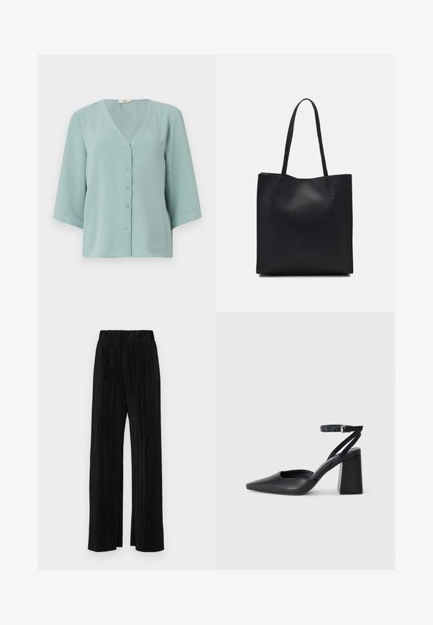 Blusa azul claro de botão com decote em V e mangas três quartos. Feita de um tecido leve e suave, com uma textura lisa.; Calças pregueadas pretas com uma cintura elástica. Apresentam pernas largas e um tecido liso, texturizado com riscas verticais.; Sandal com biqueira afilada em couro preto, com cinta no tornozelo e salto grosso. Textura lisa, design elegante e estética minimalista.; Bolsa tote preta em couro com textura lisa, forma retangular e duas alças longas. Sem hardware ou enfeites visíveis.