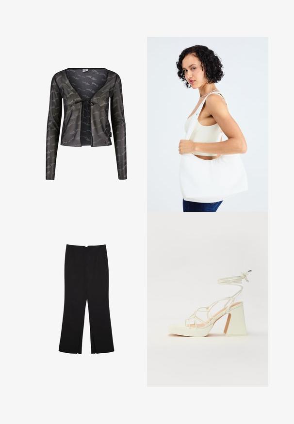 Crna prozirna kardigan s dugim rukavima, dubokim V-izrezom, vezanom kopčom i uzorkom "Karl Kani" koji se ponavlja.; Crne hlače ravnog kroja, s prednjim džepovima i bočnim prorezima na rubu. Izrađene od mekog i glatkog materijala. Pogodne za razne prigode.; Bijela sandala na visokoj potpetici s debelim petom, s remenom i vezanjem oko gležnja. Glatka tekstura s platformom sprijeda za dodatnu visinu.; Bijela torba preko ramena izrađena od glatkog materijala, sa ovalnim izrezom i širokim remenom. Jednostavna i moderna, bez vidljivih metalnih dijelova.