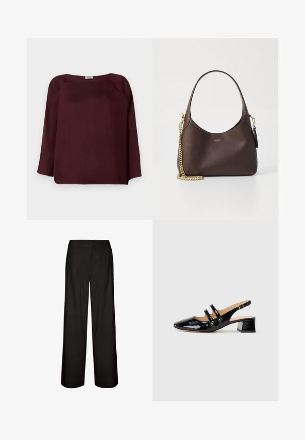 Burgundowa bluzka z długim rękawem o szerokim dekolcie, wykonana z miękkiego materiału, z opadającym ramieniem i prostym dołem. Gładka tekstura, bez widocznych wzorów.; Czarne szerokie spodnie z zakładkami, wykonane z lekkiego materiału. Mają gładką teksturę i prosty krój od talii do kostek.; Czarne lakierowane buty typu slingback z wystającym czubkiem, z dwoma paskami, złotymi okrągłymi akcentami i niskim blokowym obcasem.; COACH BROOKLYN ciemnobrązowy
