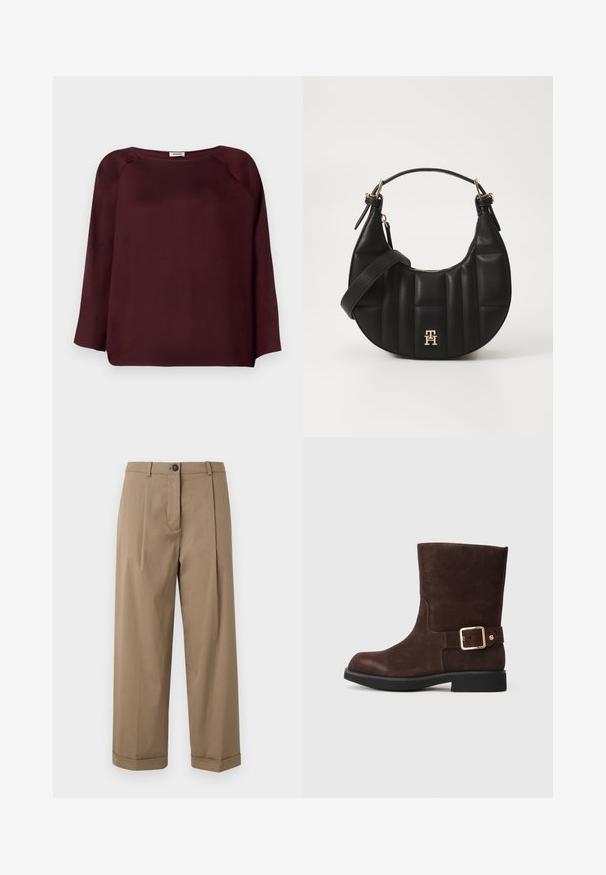 Burgundia pikkade varrukatega pluus laia kaelusega, pehmest kangast, langetatud õlgade disainiga ja sirge alläärega. Sile tekstuur, nähtavaid mustreid pole.; Pruni, laiad püksid, millel on lame eesmine osa koos voldikutega, nööpkinnitus ja pööratud äärised, valmistatud siledast kangast.; Pruun nubukist pahkluu saabas, millel on ümar varvas, lame must tall ja küljes kuldne pandla aktsent. Sile tekstuur ja lihtne disain.; Must või empaankäe disainiga must nahkrahakott, millel on tepitud tekstuur ja kullatud detailid. Omab eemaldatavat õlapaela ja logo detaili.