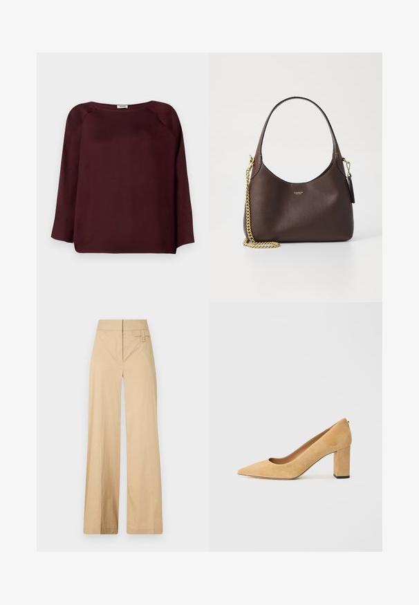 Bordo bluz s dugim rukavima sa širokim izrezom, mekanim materijalom, dizajnom s niskim ramenima i ravnim rubom. Glatka tekstura, bez vidljivih uzoraka.; Bež hlače širokih nogavica napravljene od mješavine pamuka. Imaju glatku teksturu, elastičnu elastiku u struku i detalj gumba sa strane.; Bež antilop cipele na visoku petu s oštrom kapicom i debelom blok petom. Materijal ima mekanu teksturu s glatkom obradom.; COACH BROOKLYN SHOULDER BAG 23 - Ručna torba - maple