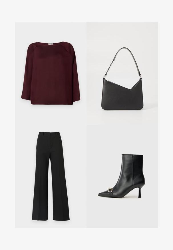 Burgundia pikkade varrukatega pluus laia kaelusega, pehmest kangast, langetatud õlgade disainiga ja sirge alläärega. Sile tekstuur, nähtavaid mustreid pole.; Mustade lai säärega püksid kohandatud disainiga, millel on sile tekstuur ja peened voldid ees. Ei ole nähtavaid riistu ega mustreid.; Must mustanvärvi nahast pahklinetopp, millel on terav nina, peen keskmise kõrgusega konts ja hõbedane keha detail külgedel, taustal lihtne taust.; Mustmust mustra kott, millel on kolmnurkne kuju, õhuke rihm ja hõbedased detailid. Omab tõmblukuga sulgemist ja reljeefset logo esiklapi peal.