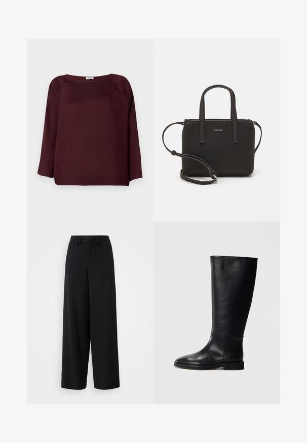 Burgundská halenka s dlouhým rukávem, širokým výstřihem, měkkou tkaninou, designem s pokleslými rameny a rovním lemem. Hladká textura, žádné viditelné vzory.; Černé kalhoty širokého střihu z hladkého materiálu, s plochým předním dílem, sklady a poutky na opasek v pase.; Černá kožená vysoká bota s kulatou špičkou, hladkou texturou, minimalistickým designem a plochou podrážkou. Jednoduché švy na holeně.; Černá kabelka s dvojitými krátkými uchy a odnímatelným ramenním popruhem. Hladký koženkový materiál s uzávěrem na zip a detailem loga.