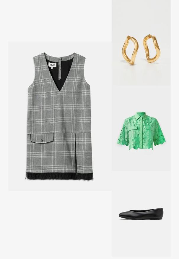 Zelená košeľa s krátkym rukávom s kvetinovým vyrezávaným dizajnom, zapínaním na gombíky vpredu, dvoma náprsními vreckami a upraveným golierom. Hladký materiál.; Sivý károvaný bezrukávový šaty s výstrihom do V, bočnou kapsou a čipkovým lemovaním na spodnej časti. Má čiernu podšívku a zapínanie na gombík na zadnej strane.; Paul Smith TOPANGA - Balerínky - black; Zlaté kruhové náušnice s zakriveným, nepravidelným tvarom a hladkým, lesklým povrchom. Bez viditeľného hardvéru alebo akcentov.