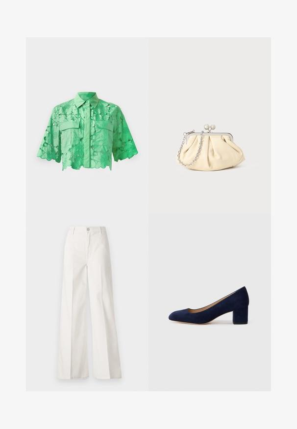 Groen overhemd met korte mouwen, voorzien van een bloemen uitgesneden ontwerp, knoopsluiting aan de voorkant, twee borstzakken en een nette kraag. Glad textuur.; Witte wijde-broek gemaakt van katoen met een gladde textuur. Voorzien van een knoop aan de voorkant, ritsopening en vierzakkenontwerp.; Navy blauwe suède pump met een spitse neus en een blokhak van gemiddelde hoogte. Glad oppervlak met een subtiele glans en een kleine uitsparing aan de voorkant.; Geplooide beige leren clutch met een zilveren metalen frame, voorzien van twee ronde decoratieve sluitingen en een zilveren kettingriem.