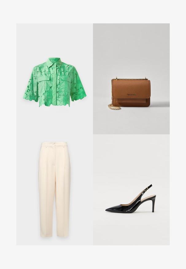 Cămașă verde cu mânecă scurtă, cu un design floral decupat, închidere cu nasturi în față, două buzunare la piept și un guler aranjat. Textură netedă.; Pantaloni bej, ajustați, cu o croială dreaptă, dotati cu pliuri în față, o textură netedă și o talie medie. Fără buzunare vizibile.; Pantofi slingback din piele patent neagră, cu vârful ascuțit, tocul subțire și un design discret cu decupaj. Se evidențiază printr-un cataramă aurie pe curea.; Geantă crossbody din piele texturată maro, cu curea din lanț aurit și închidere cu clapetă. Partea din față prezintă detalii cu logo și o buzunar sub clapetă.