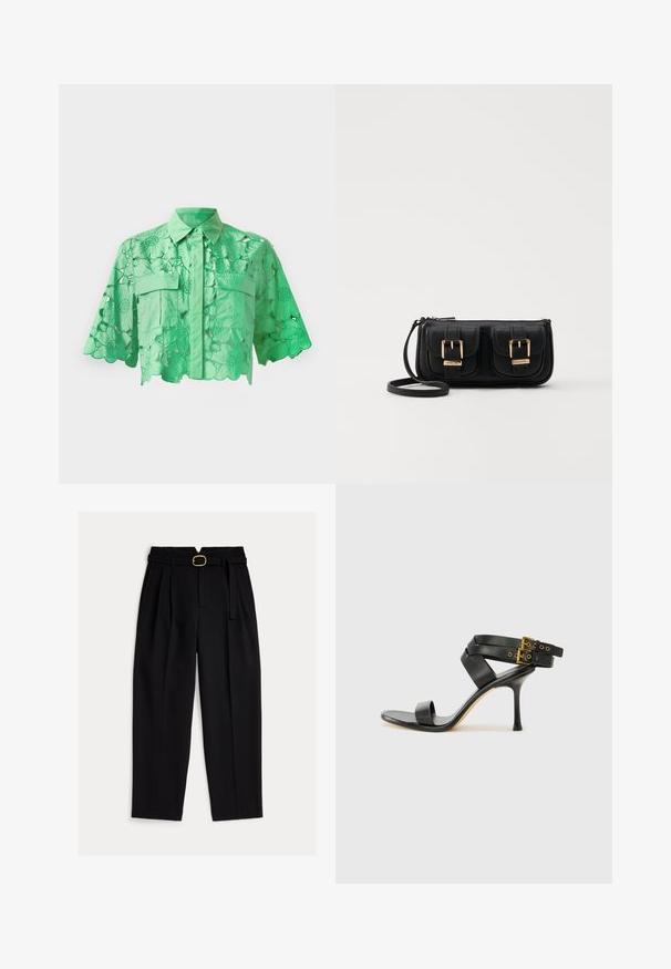 Cămașă verde cu mânecă scurtă, cu un design floral decupat, închidere cu nasturi în față, două buzunare la piept și un guler aranjat. Textură netedă.; Pantaloni negri, cu talie înaltă, cu talie cu curea, față pliată și design cu picioare largi. Realizați dintr-un material neted, cu croială clasică.; Sandalie negre cu toc, cu curele încrucișate și cataramă ajustabilă. Prezintă o textură netedă și un toc stiletto conic.; Geantă neagră din piele, tip crossbody, cu două buzunare frontale, catarame aurii, închidere cu fermoar și o curea subțire. Suprafață texturată și formă rectangulară compactă.