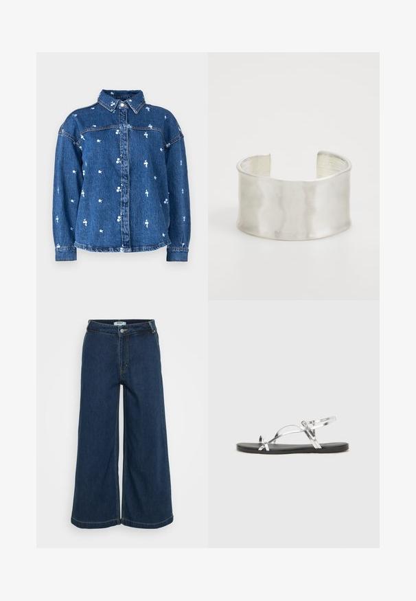 Denimjacka med krage, ljusblåa blommönster, framknappar och lång ärm. Tyget har en klassisk blåtvättad finish.; Vida byxor i mörkblå denim med vid ben. Har en knappstängning, fem fickor, ljusa sömmar och en slät yta.; Silverfärgade metalliska sandaler med en minimalistisk design, som har tunna remmar och en svart platt sula. Höjdpunkter inkluderar korsremmar.; Zign Armband - silver-coloured